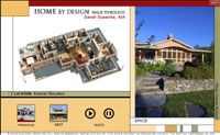 The Showhouse walkthrough interface showing a floor plan beside exterior and interior views